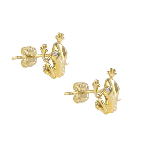Solid 14K Gold Frog with CZ Earrings
