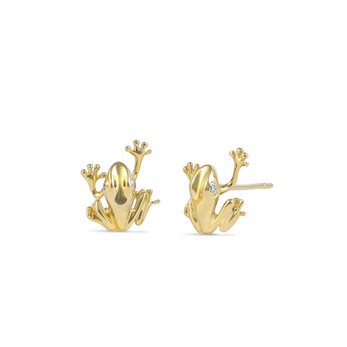 Solid 14K Gold Frog with CZ Earrings