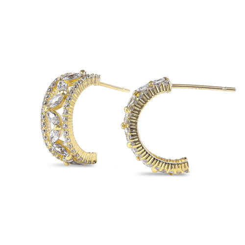 Solid 14K Gold Exquisite Marquise CZ 10 x 5 mm Half Hoop Earrings