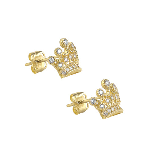 Solid 14K Gold Crown CZ Earrings