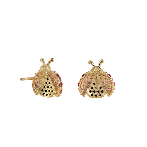 Solid 14K Gold Ruby & Black CZ Ladybug Earrings