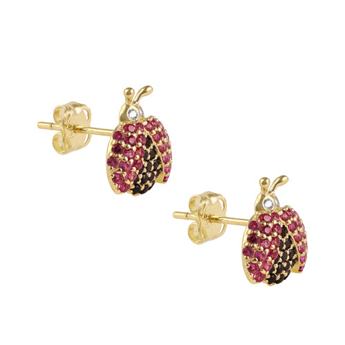 Solid 14K Gold Ruby & Black CZ Ladybug Earrings