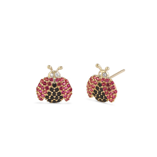 Solid 14K Gold Ruby & Black CZ Ladybug Earrings