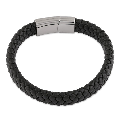 Stainless Steel Black Leather Braided Bracelet
