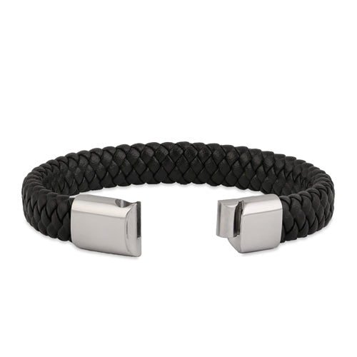 Stainless Steel Black Leather Braided Bracelet