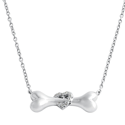 Sterling Silver Dog Bone Clear Heart CZ Necklace