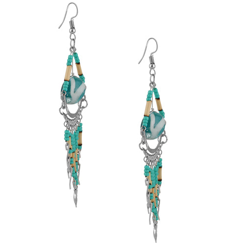 Stainless Steel Teal Round Murano Glass Peruvian Earrings
