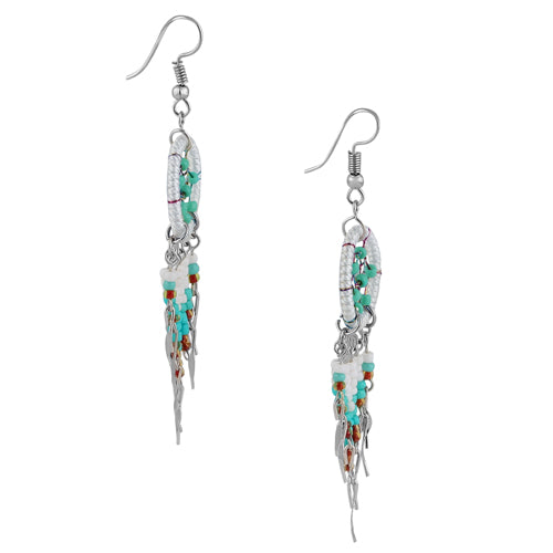 Stainless Steel Dream Catcher Off-White Silk Thread Beaded Dangle Earrings