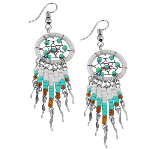 Stainless Steel Dreamcatcher Off-White Silk Thread Beaded Dangle Earrings