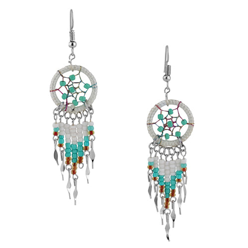 Stainless Steel Dream Catcher Off-White Silk Thread Beaded Dangle Earrings