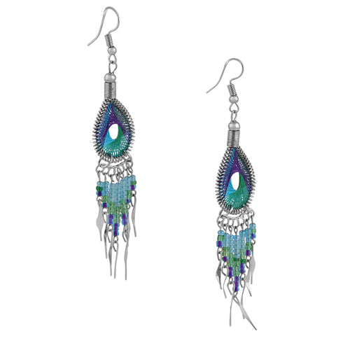 Stainless Steel Peruvian Turquoise Green and Purple Silk Thread Beaded Dangle Earrings