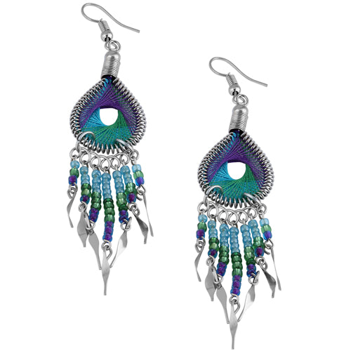 Stainless Steel Peruvian Turquoise Green and Purple Silk Thread Beaded Dangle Earrings