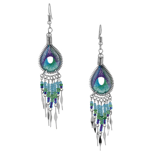 Stainless Steel Peruvian Turquoise Green and Purple Silk Thread Beaded Dangle Earrings