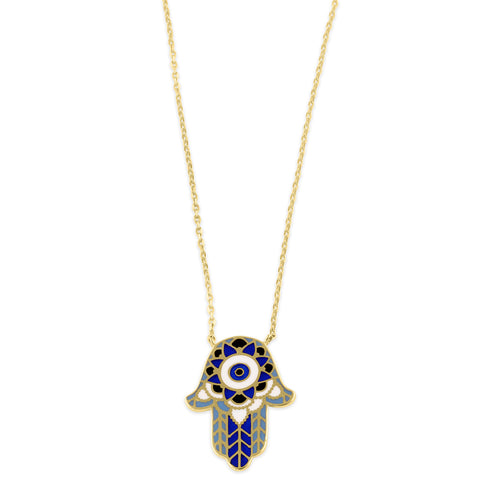 Solid 14K Gold Hand Painted Hamsa Necklace