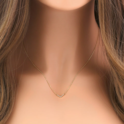 Solid 14K Yellow Gold V Shape CZ Necklace