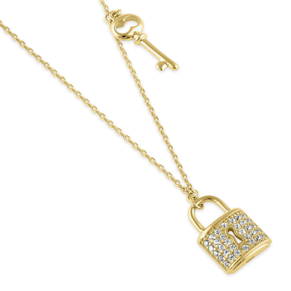 Solid 14K Gold Lock and Key CZ Necklace