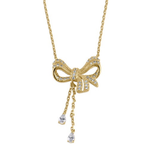 Solid 14K Gold Elegant Bow and Dangle CZ Necklace