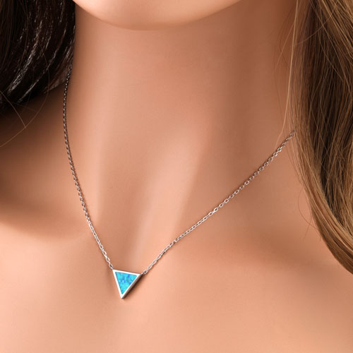 Sterling Silver Adjustable Blue Lab Opal Trendy Triangle Necklace