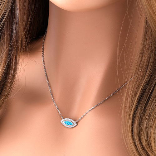 Sterling Silver Blue Lab Opal and CZ Evil Eye Necklace