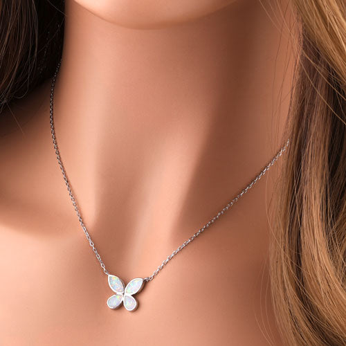 Sterling Silver Adjustable White Lab Opal Butterfly Necklace