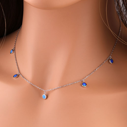 Sterling Silver Adjustable Blue Lab Opal Station Necklace