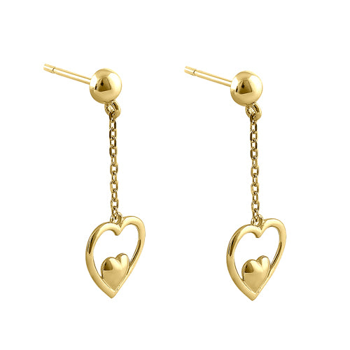 Solid 14K Yellow Gold Dangle Heart Earrings