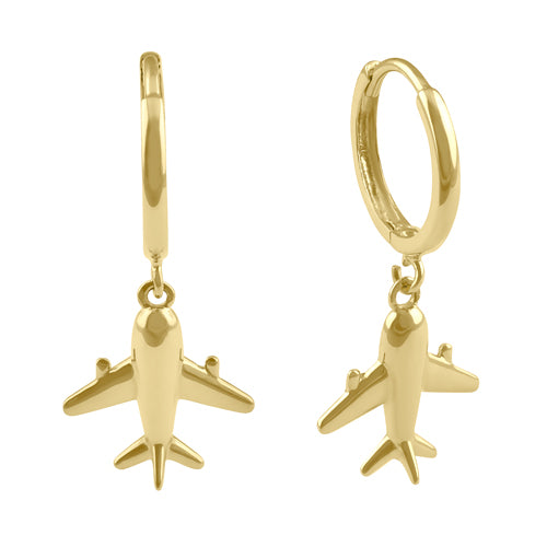 Solid 14K Gold Traveler Airplane Hoop Dangle Earrings