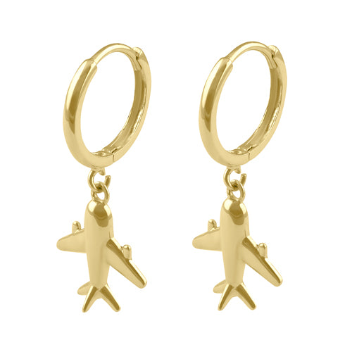 Solid 14K Gold Traveler Airplane Hoop Dangle Earrings