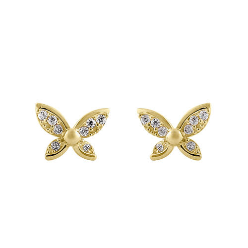 Solid 14K Yellow Gold Simple Flower Butterfly CZ Earrings