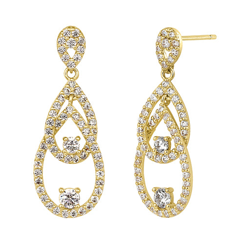 Solid 14K Yellow Gold Triple Drop Dangle CZ Earrings