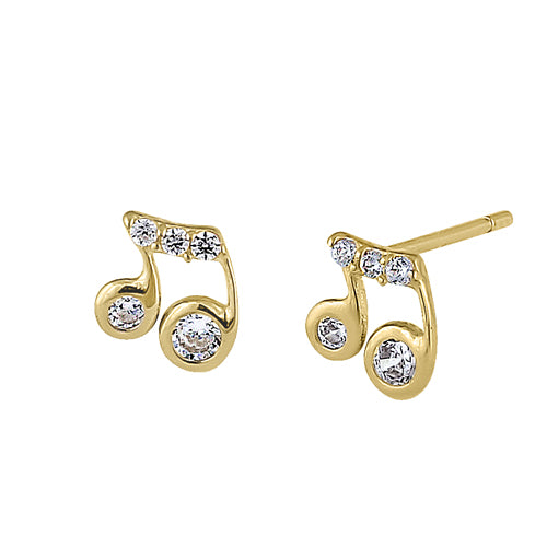 Solid 14K Yellow Gold Beam Music Note Clear Round CZ Earrings