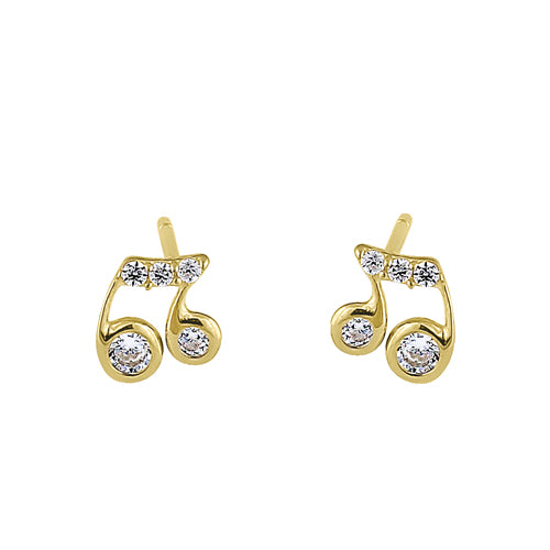 Solid 14K Yellow Gold Beam Music Note Clear Round CZ Earrings