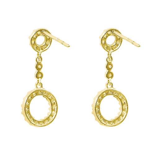 Solid 14K Yellow Gold Dangle Circle Design Clear Round CZ Earrings