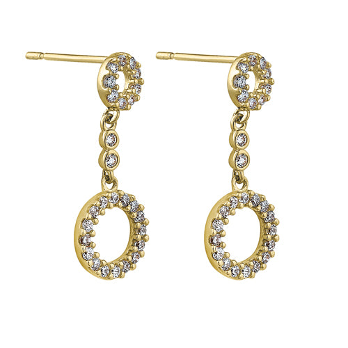 Solid 14K Yellow Gold Dangle Circle Design Clear Round CZ Earrings