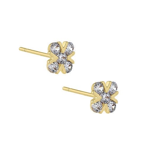 Solid 14K Yellow Gold X Shaped Clear Round CZ Earrings