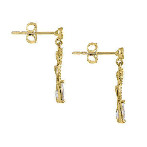 Solid 14K Yellow Gold Dangle Vine Clear Pear Cut & Round CZ Earrings