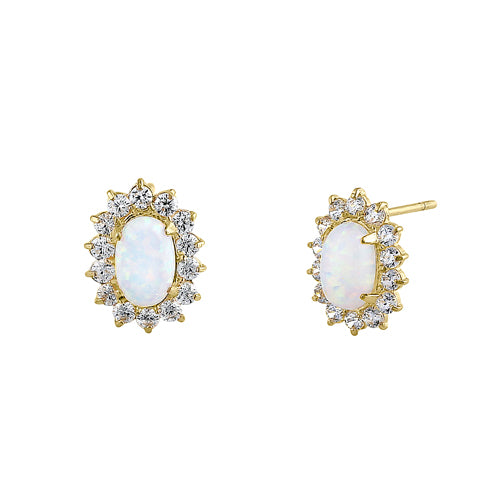 Solid 14K Yellow Gold Oval White Opal Halo Clear Round CZ Earrings