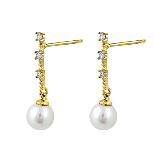 Solid 14K Yellow Gold Dangle Pearl Clear Round CZ Earrings