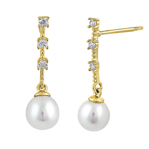 Solid 14K Yellow Gold Dangle Pearl Clear Round CZ Earrings