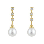Solid 14K Yellow Gold Dangle Pearl Clear Round CZ Earrings