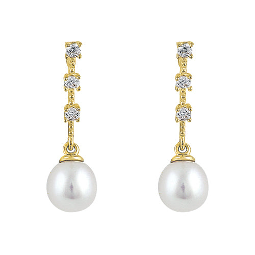 Solid 14K Yellow Gold Dangle Pearl Clear Round CZ Earrings
