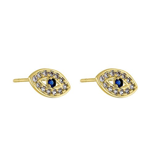 Solid 14K Yellow Gold Evil Eye Blue Sapphire & Clear Round CZ Earrings