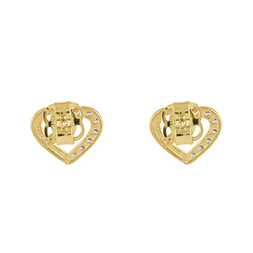 Solid 14K Yellow Gold Simple Heart Knot Clear Round CZ Earrings