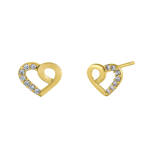 Solid 14K Yellow Gold Simple Heart Knot Clear Round CZ Earrings