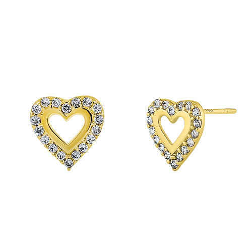 Solid 14K Yellow Gold Inner Heart Clear Round CZ Earrings