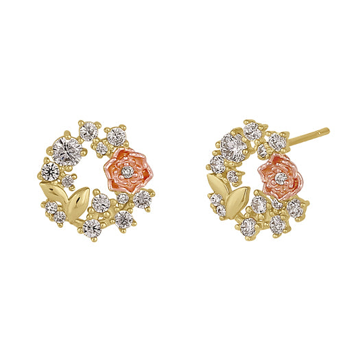 Solid 14K Gold Timeless Rose with Clear CZ Earrings