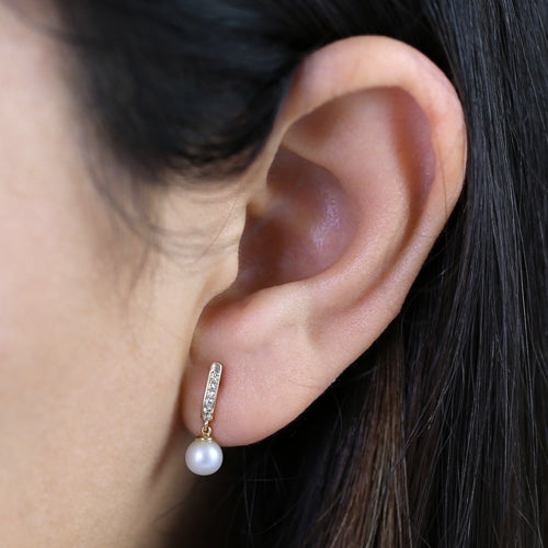 Solid 14K Gold Dangling Pearl and CZ Earrings