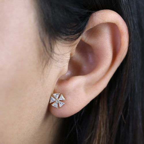 Solid 14K Gold Triangular Flower CZ Earrings