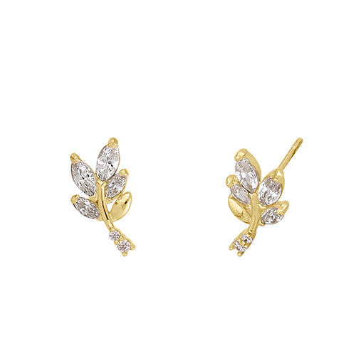 Solid 14K Gold Trendy Branch CZ Earrings