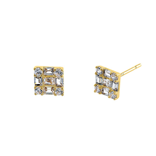Solid 14K Yellow Gold Squared Round & Princess Cut CZ Earrings